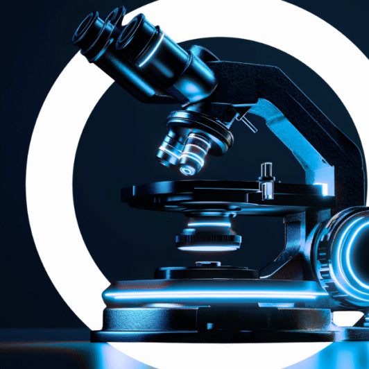 neon blue and black microscope with black background