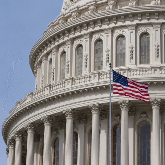 Close look at US Capitol building with American flag