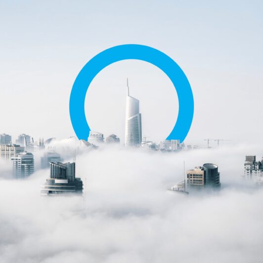 Skyscraper in a foggy city