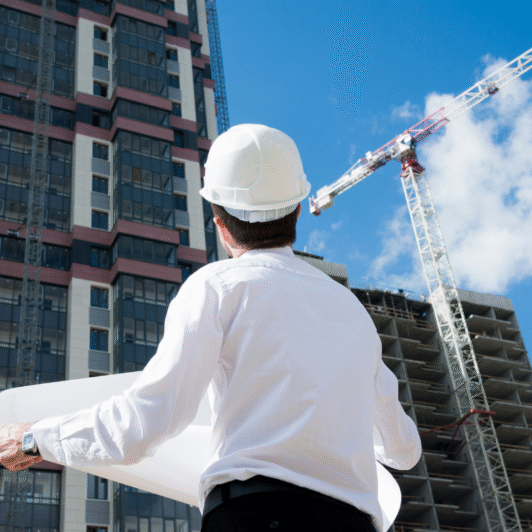 Architect with blueprint looking at a building under construction