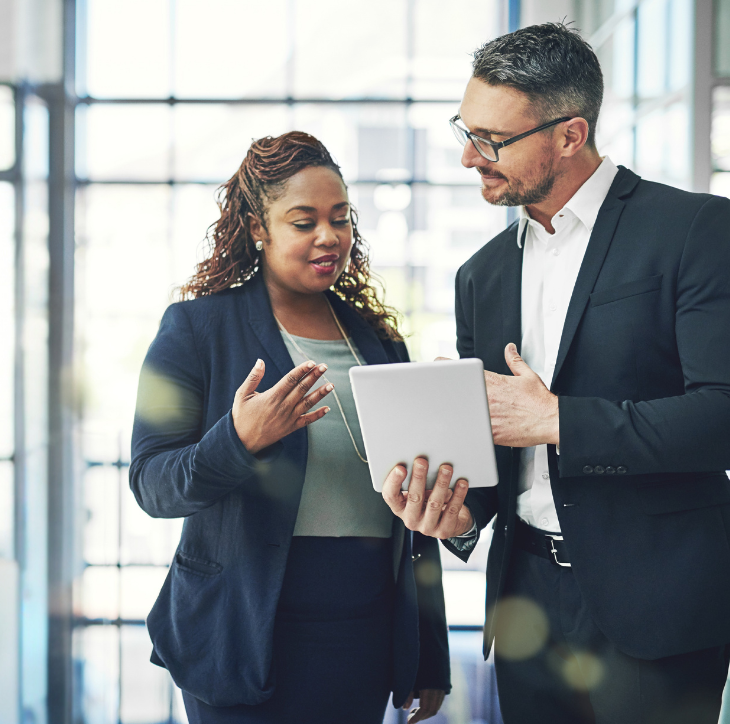 Business woman and man discussing business plans