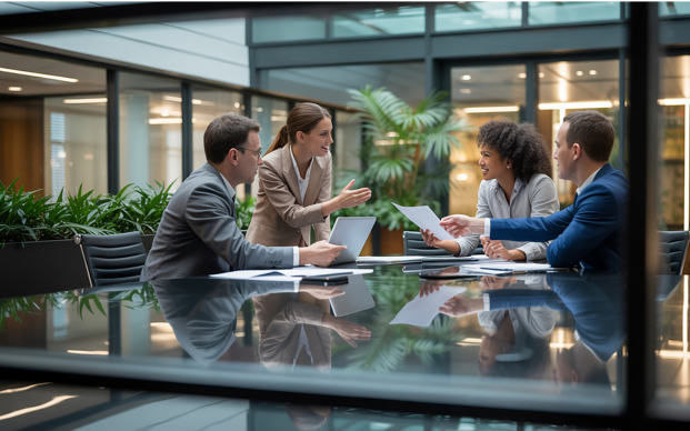 four professionals conducting a meeting in a modern office setting